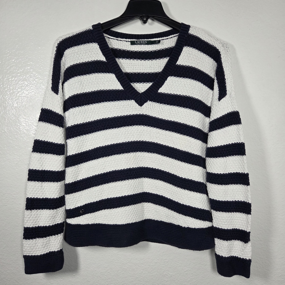 Lauren Ralph Lauren Navy & White Striped Cotton V-Neck Sweater L